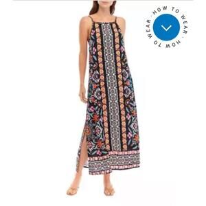 Vince Camuto Women Sleeveless Border Print Halter Square Neck Maxi Dress Sz XS